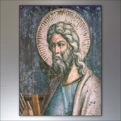Vintage set of 8 religious art saints faith fridge magnets featuring vintage-style retro designs displayed on a refrigerator door.