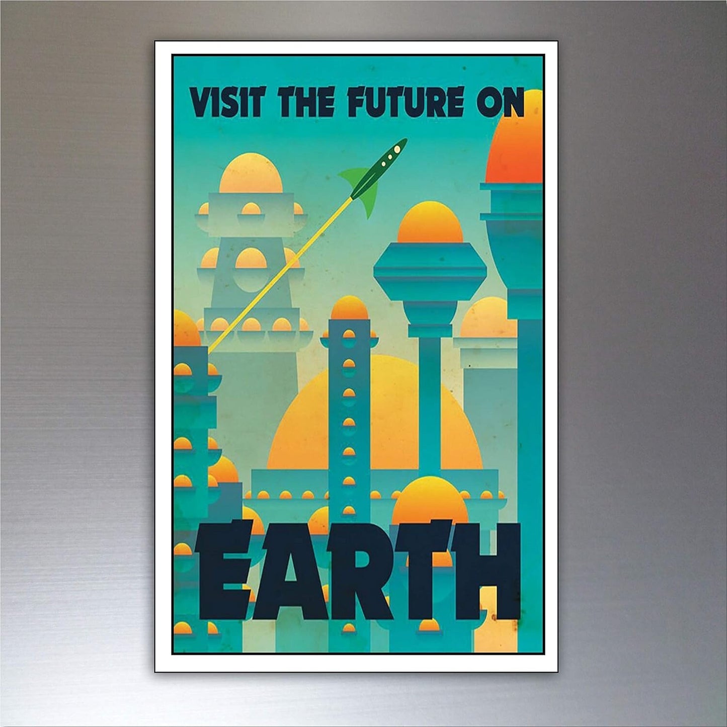 Set of nine vintage retro sci-fi space planets magnets featuring colorful planets artwork for space-themed decor.