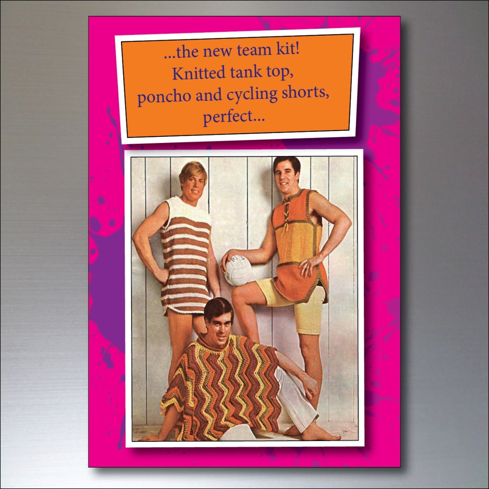 Set of eight funny knitwear 1970s fashion fridge magnets, featuring colorful retro designs on a neutral background.