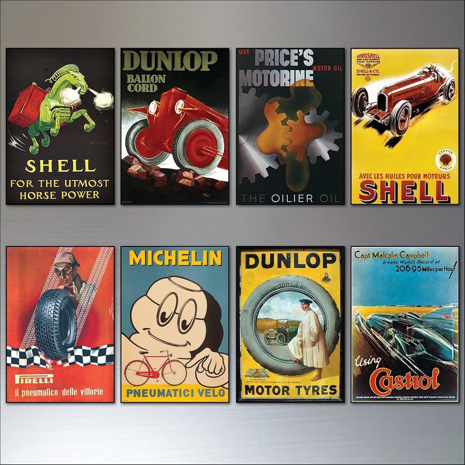 Set of 8 vintage auto motor adverts fridge magnets featuring retro car and engine illustrations, unbranded collectible fridge magnets.