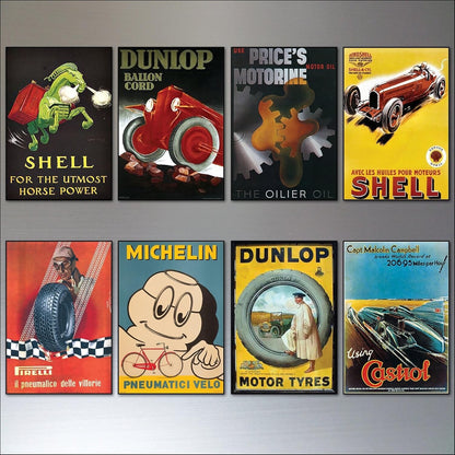 Set of 8 vintage auto motor adverts fridge magnets featuring retro car and engine illustrations, unbranded collectible fridge magnets.
