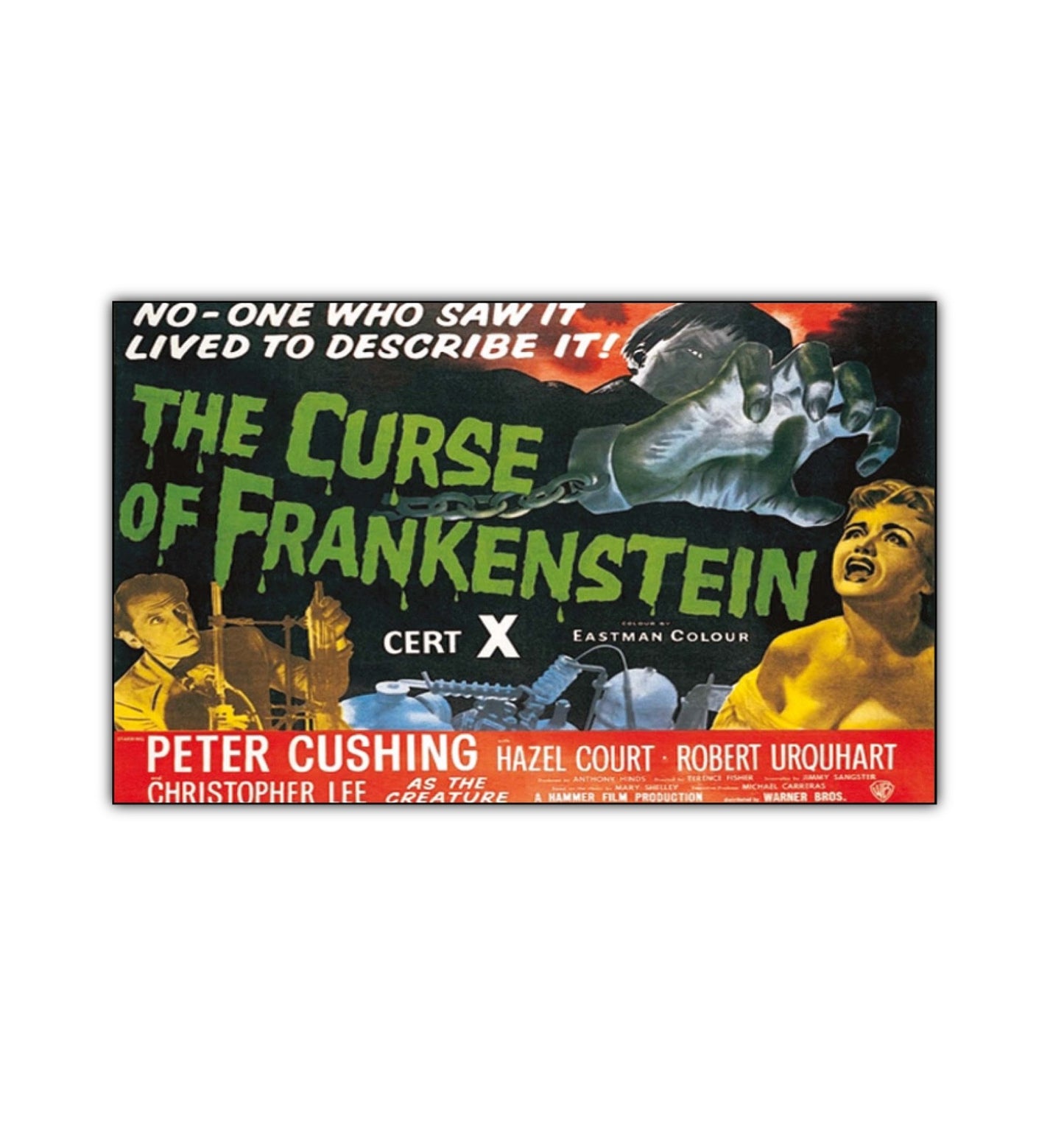 Set of 8 vintage Hammer Horror movie poster fridge magnets featuring classic horror film artwork and designs.