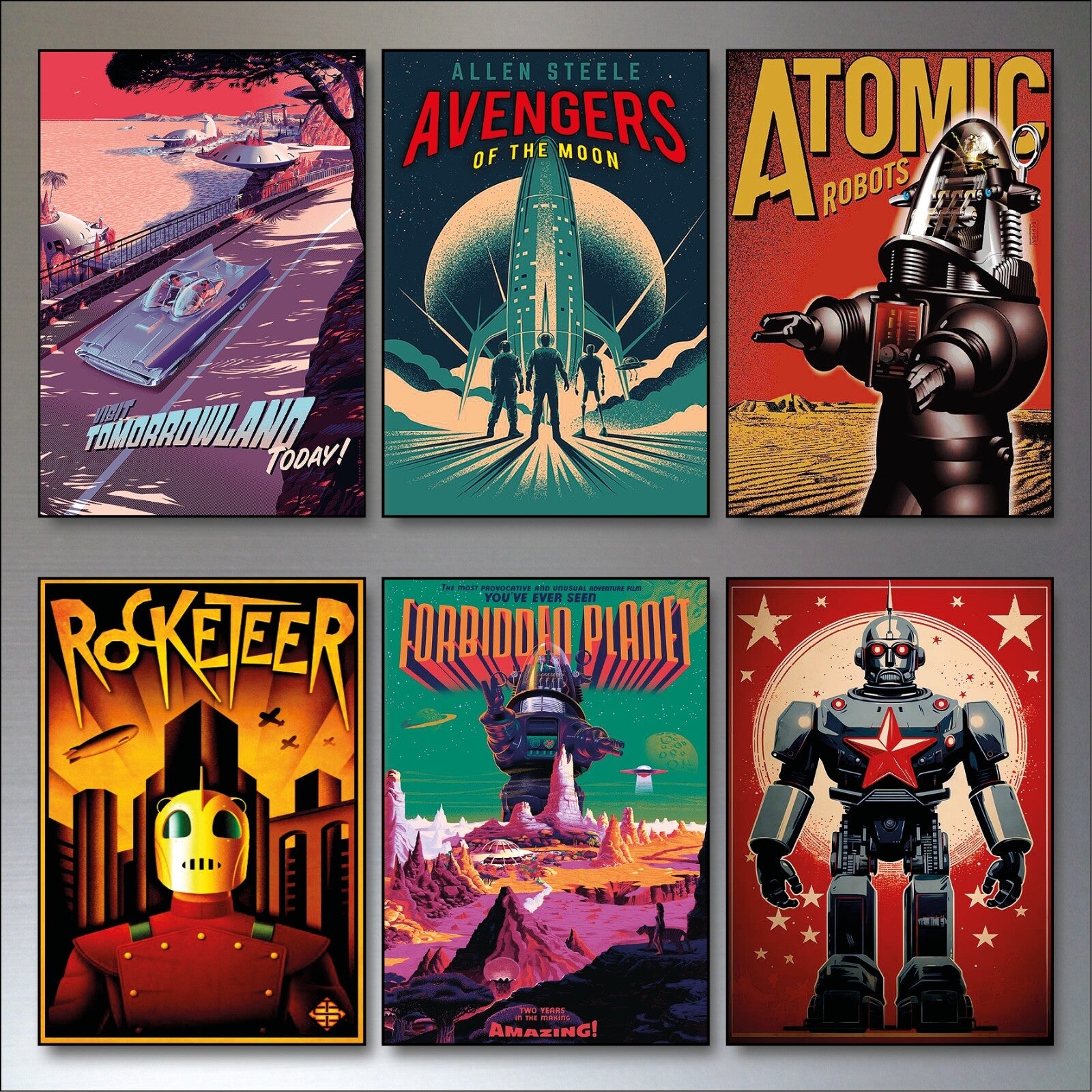 Set of six vintage retro sci-fi novel artwork fridge magnets featuring classic sci-fi designs and vibrant colors.