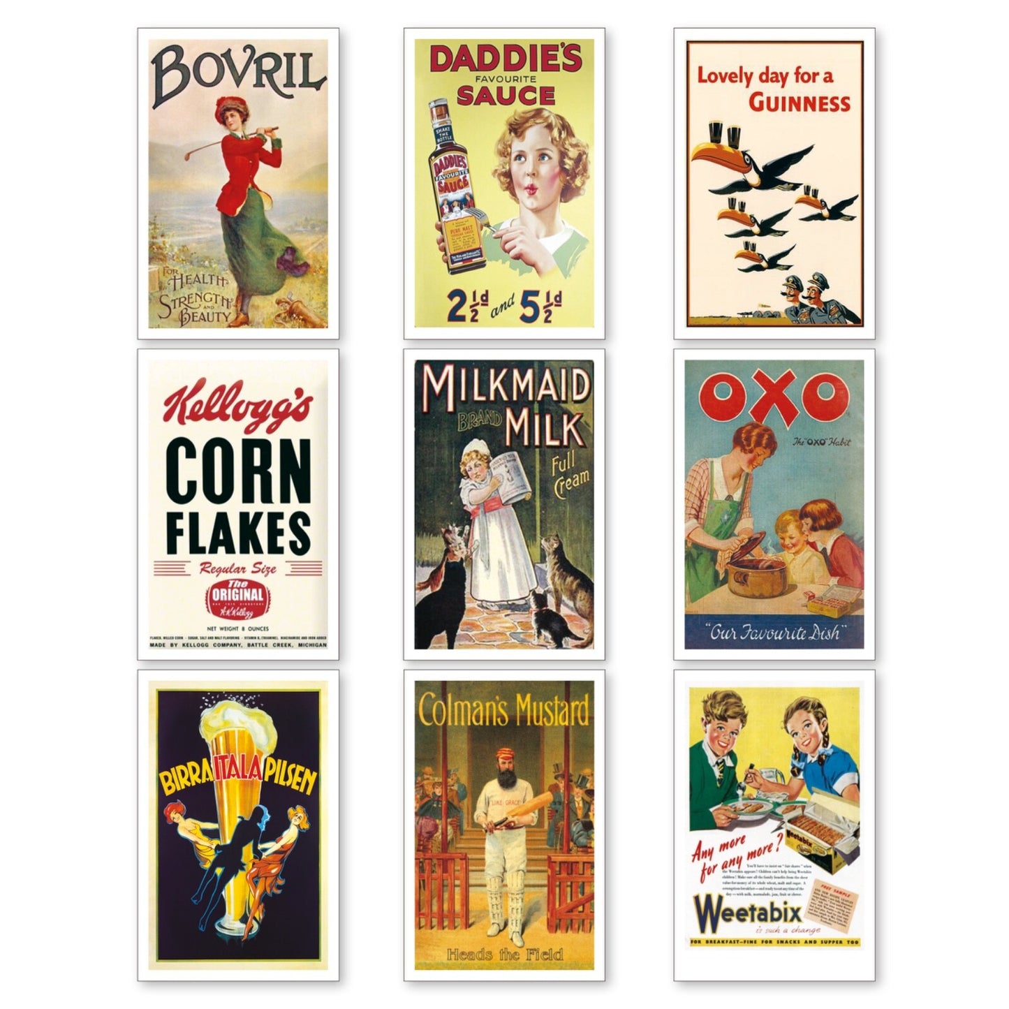 Set of 9 vintage retro fridge magnets featuring colorful advertisement designs, perfect for decorating your kitchen.