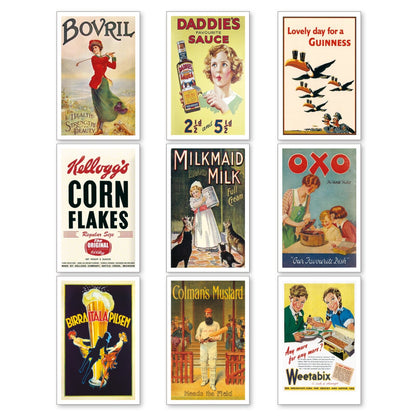 Set of 9 vintage retro fridge magnets featuring colorful advertisement designs, perfect for decorating your kitchen.