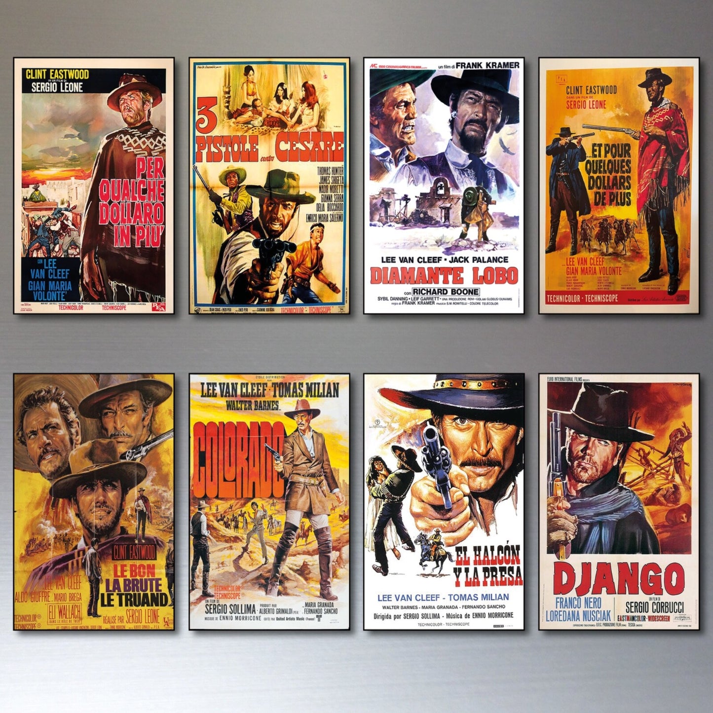 Set of 8 vintage Western spaghetti western film poster fridge magnets featuring classic western movie scenes and characters.