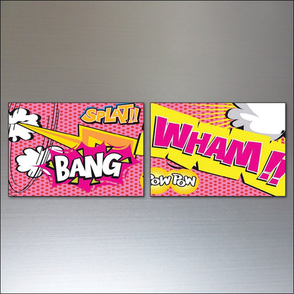 Set of 8 vintage retro pop art fridge magnets inspired by Lichtenstein, featuring colorful comic-style designs.