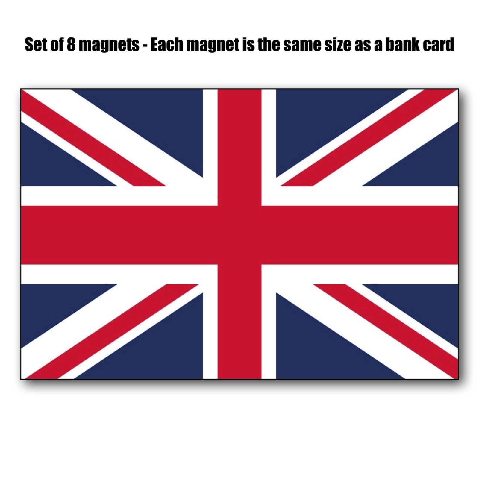 Set of 8 UK Union Jack flag fridge magnets, bank card size, featuring the British flag design on a magnetic surface.