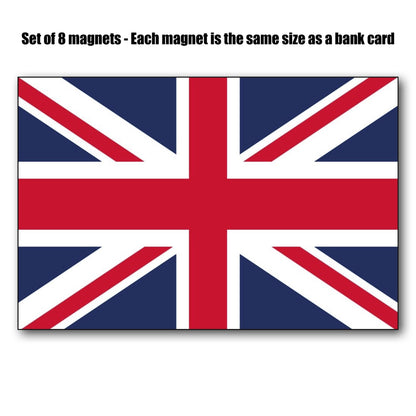 Set of 8 UK Union Jack flag fridge magnets, bank card size, featuring the British flag design on a magnetic surface.