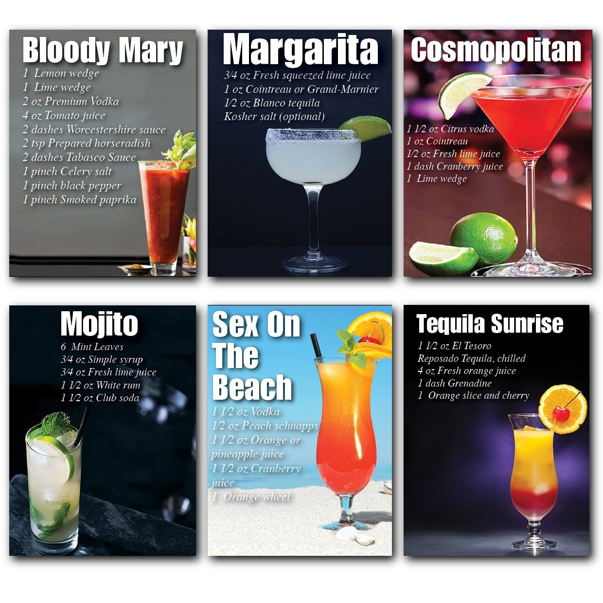 Set of six vintage cocktail recipe card fridge magnets by Bubbadoodoo, featuring classic cocktail illustrations and recipes.