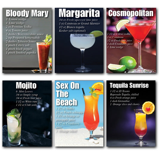 Set of six vintage cocktail recipe card fridge magnets by Bubbadoodoo, featuring classic cocktail illustrations and recipes.