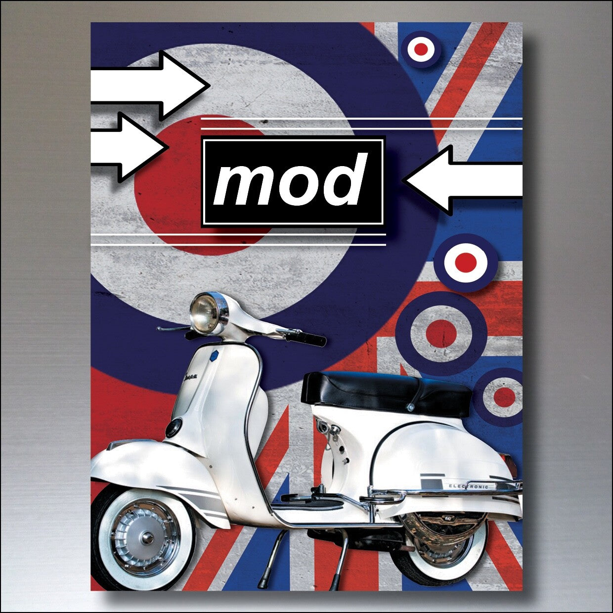 Set of six retro punk rocker Mod scooter vintage music pop culture fridge magnets by Mods, featuring colorful themed designs.