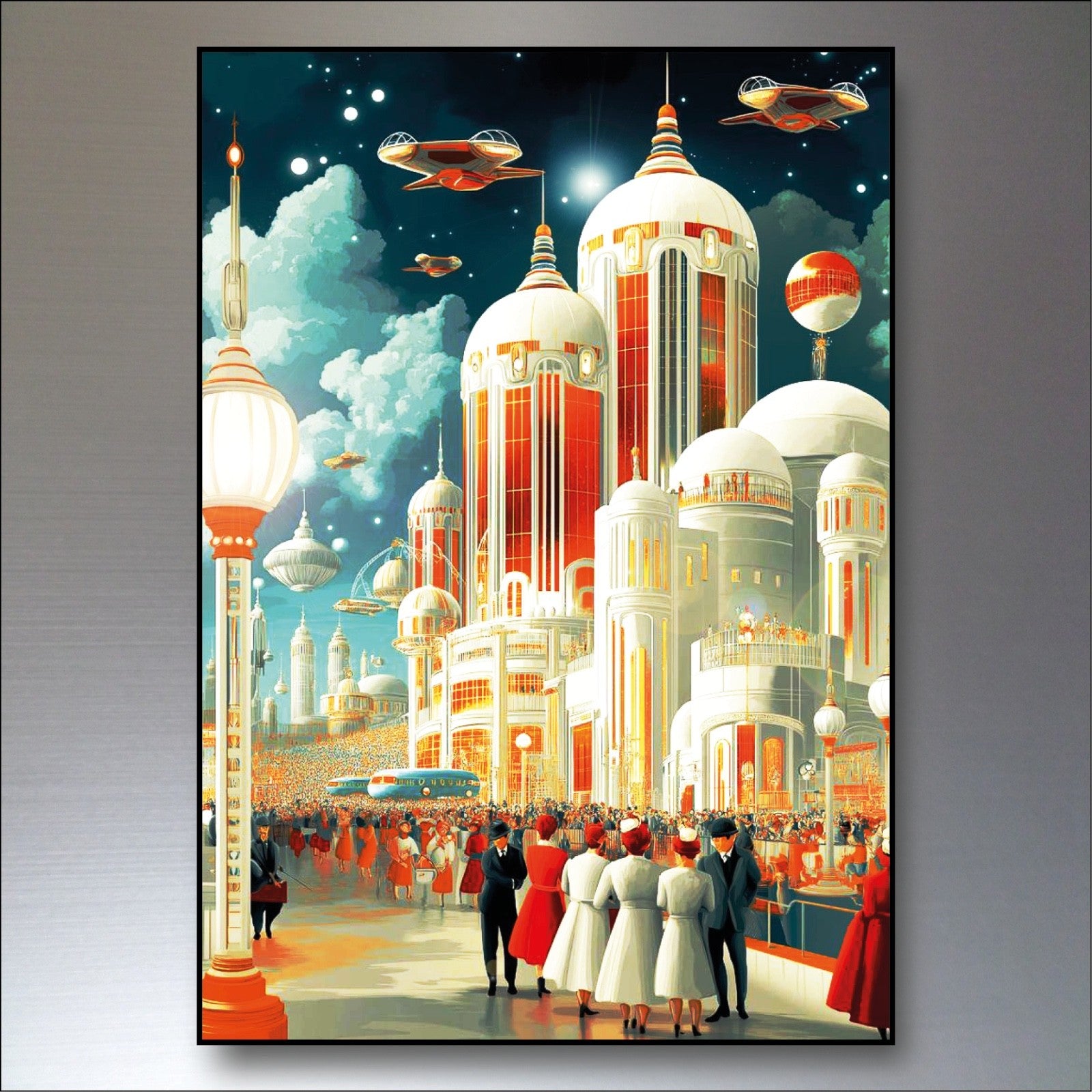 Set of six vintage retro sci-fi novel artwork fridge magnets featuring classic space-themed illustrations and bold colors.