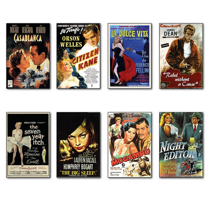 Set of 8 vintage film poster fridge magnets by Bubbadoodoo, flexible magnets featuring classic movie images and designs.