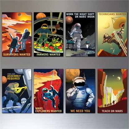 Set of 8 retro sci-fi artwork prints featuring space travel explorers, ideal for fridge decor, unbranded science fiction illustrations.