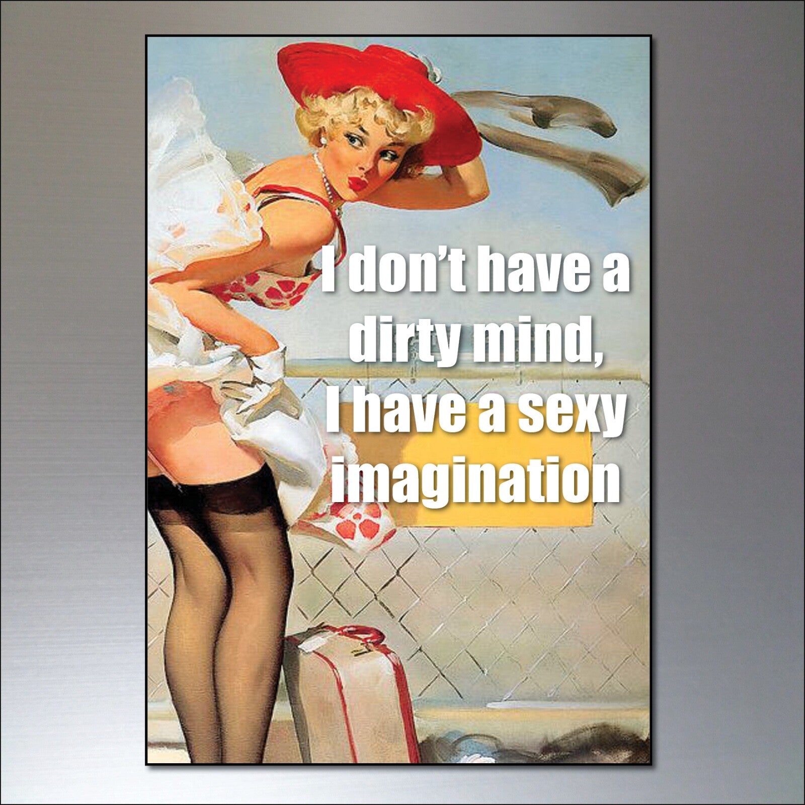 Set of 8 vintage pin-up girl fridge magnets, colorful and retro-themed, featuring classic pin-up illustrations for decorative use.