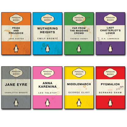 Set of 8 vintage classic penguin book cover retro fridge magnets featuring colorful book cover designs.