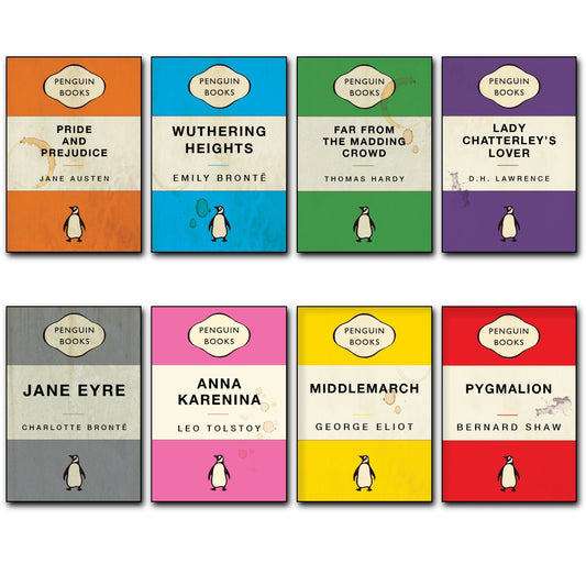 Set of 8 vintage classic penguin book cover retro fridge magnets featuring colorful book cover designs.
