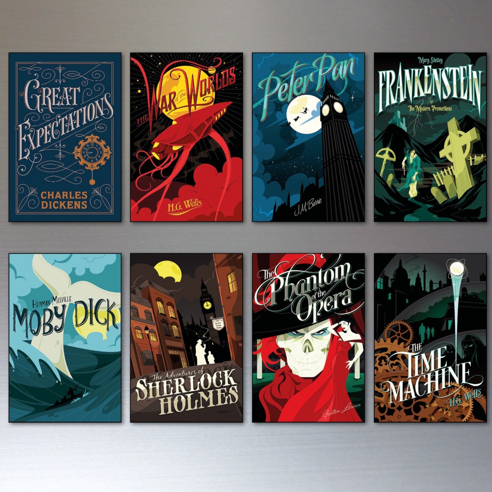 Set of 8 vintage classics book cover fridge magnets, featuring colorful retro book illustrations for decorative kitchen display.