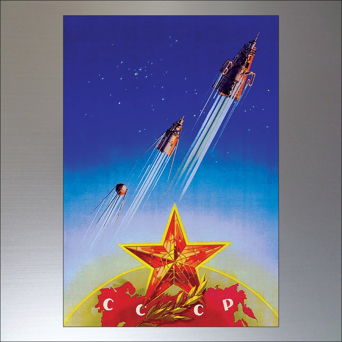 Set of 8 vintage Sputnik atomic Soviet space race fridge magnets featuring retro space-themed designs and vintage artwork.