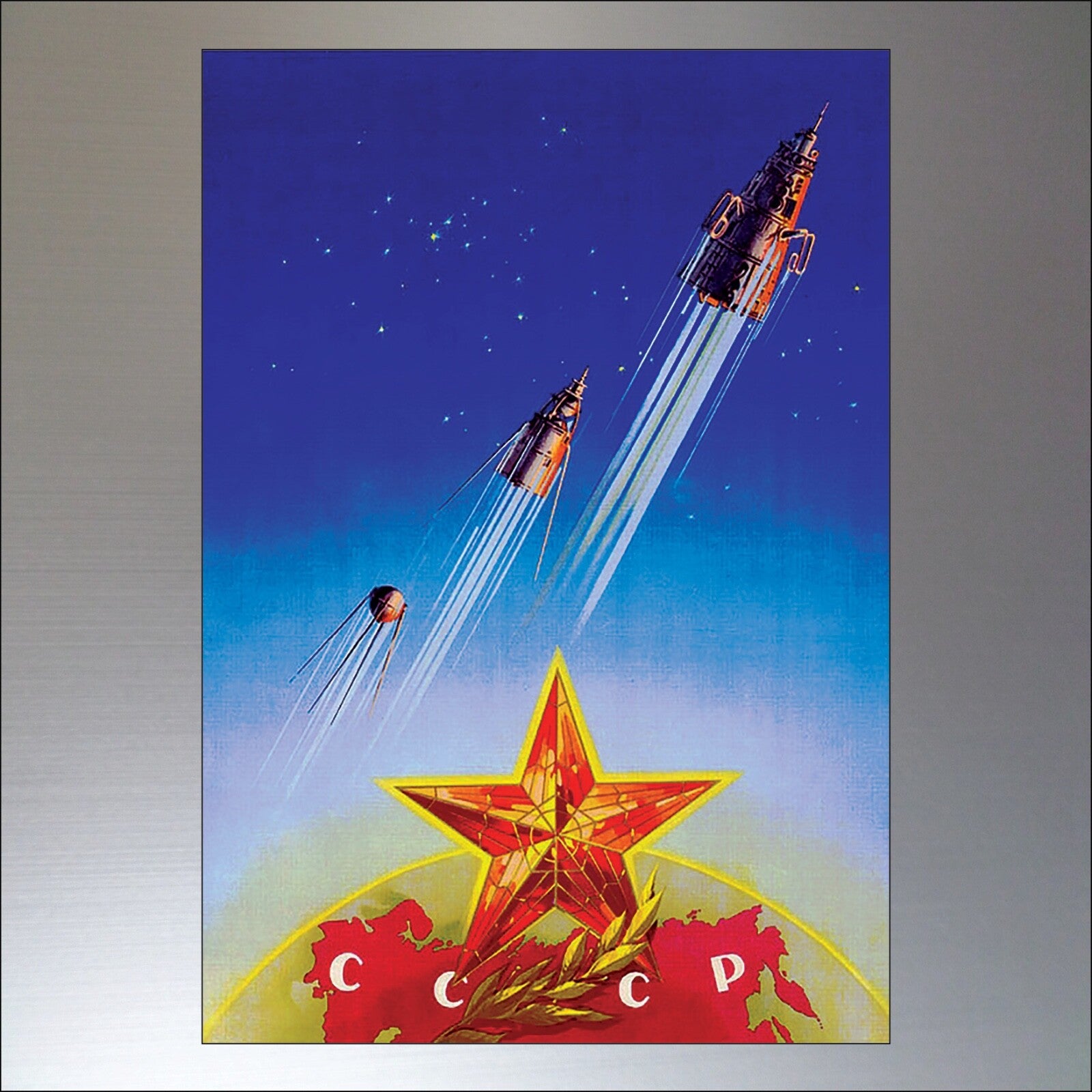 Set of 8 vintage Sputnik atomic Soviet space race fridge magnets featuring retro space-themed designs and vintage artwork.