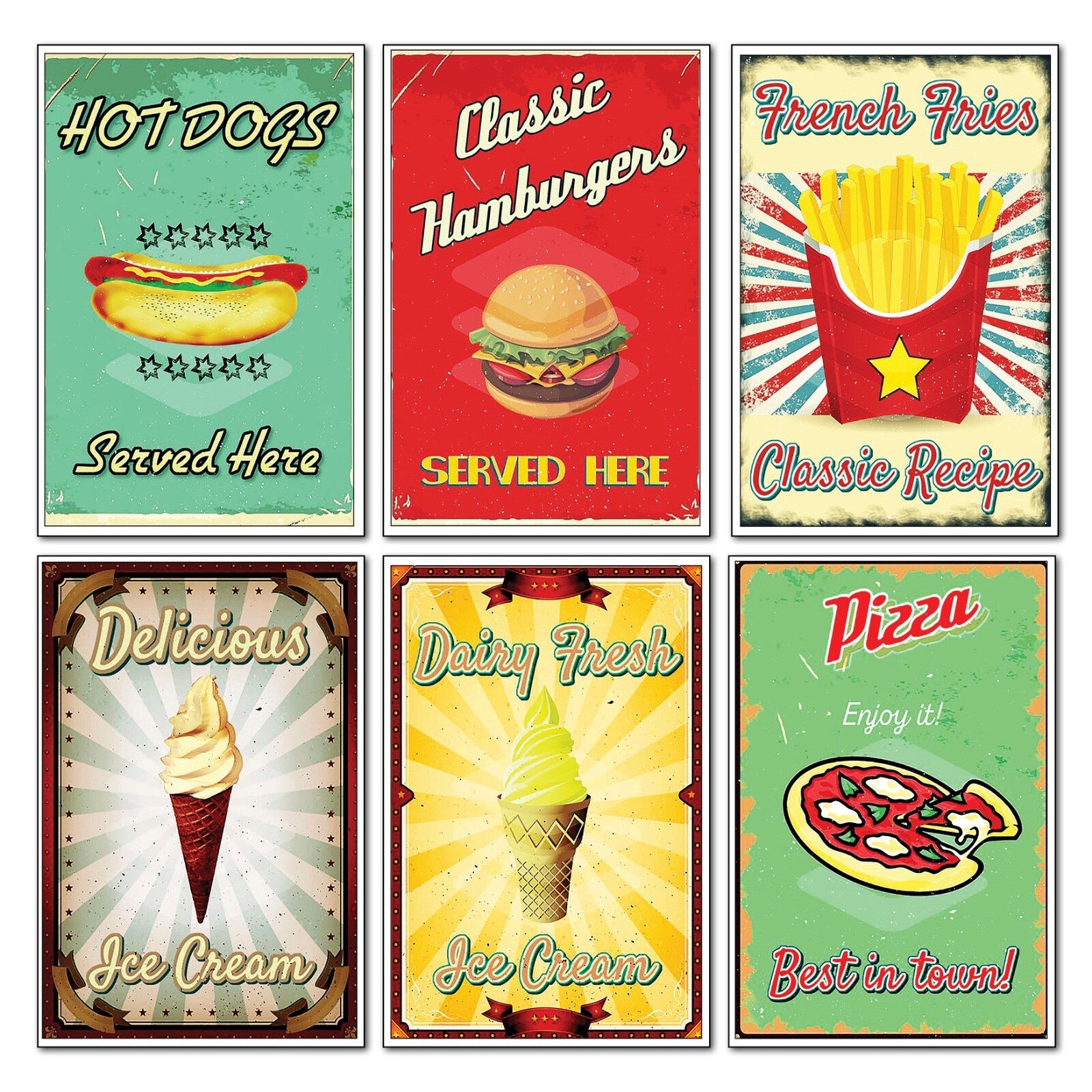 Set of six vintage retro fast food sign fridge magnets by Star, featuring colorful flexible magnet designs.