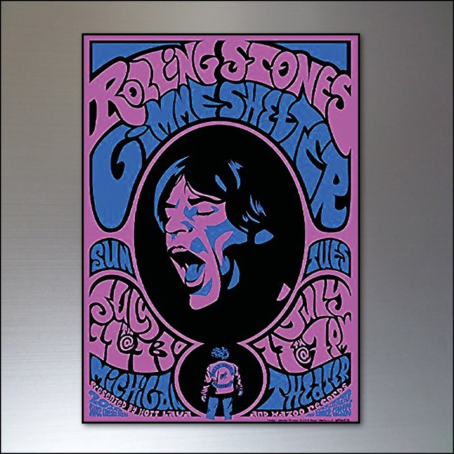 Set of 8 vintage 1960s and 70s psychedelic music posters fridge magnets featuring colorful retro designs and bold typography.