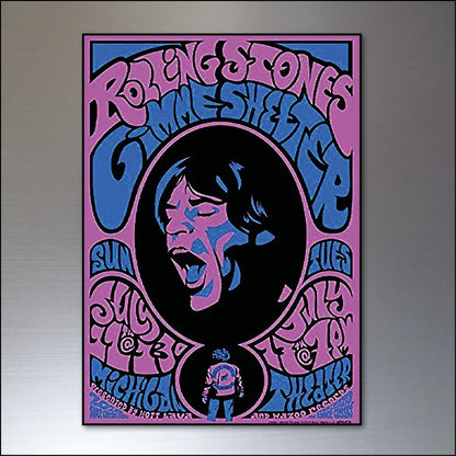 Set of 8 vintage 1960s and 70s psychedelic music posters fridge magnets featuring colorful retro designs and bold typography.