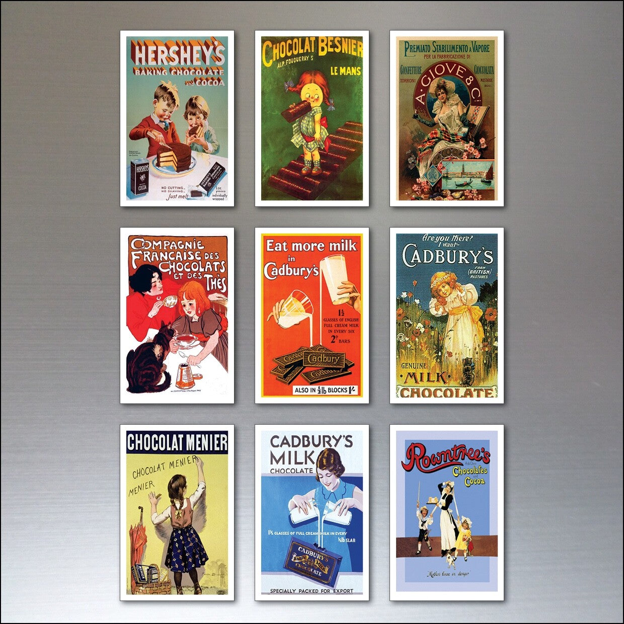 Vintage chocolate fridge magnets with retro advertising poster design, shabby chic style, unbranded decorative kitchen accessories