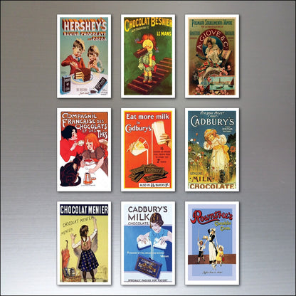 Vintage chocolate fridge magnets with retro advertising poster design, shabby chic style, unbranded decorative kitchen accessories