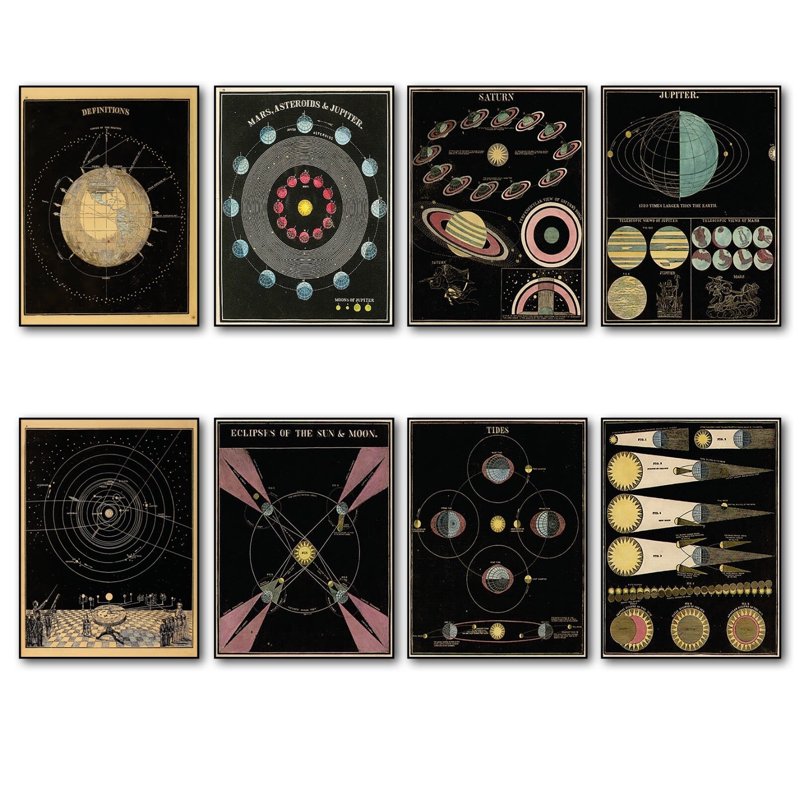 Set of 8 vintage astronomy space planets magnets featuring colorful illustrations for refrigerators or magnetic surfaces.