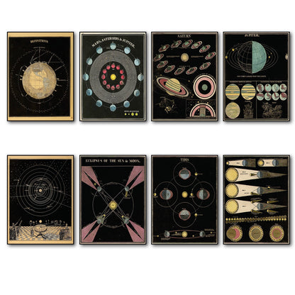 Set of 8 vintage astronomy space planets magnets featuring colorful illustrations for refrigerators or magnetic surfaces.
