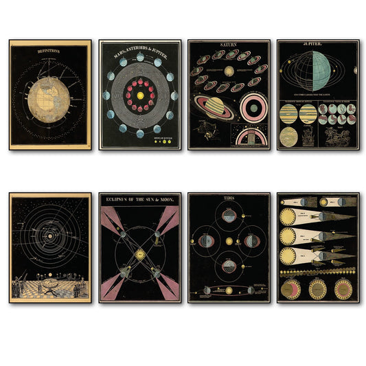 Set of 8 vintage astronomy space planets magnets featuring colorful illustrations for refrigerators or magnetic surfaces.