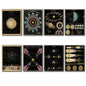 Set of 8 vintage astronomy space planets magnets featuring colorful illustrations for refrigerators or magnetic surfaces.