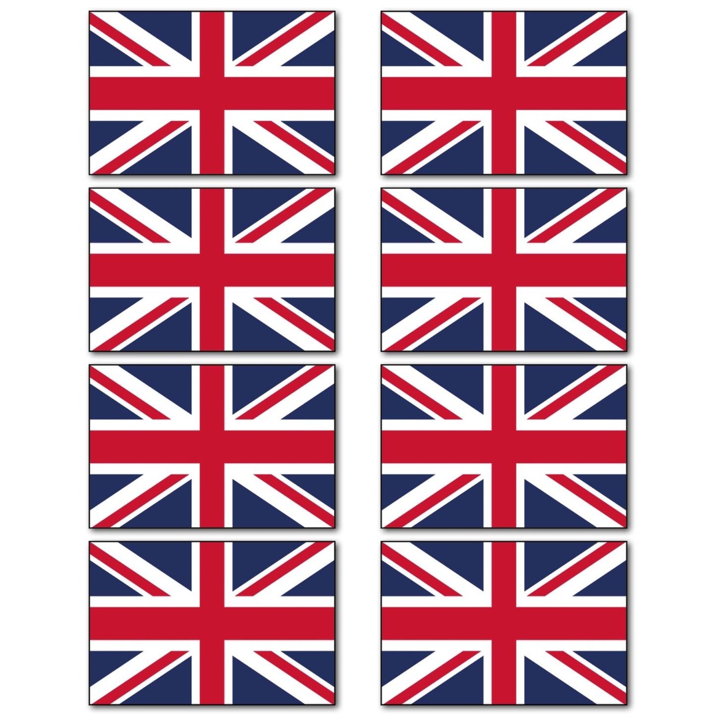 Set of 8 Union Jack UK flag fridge magnets, bank card size, featuring Britain flag designs on magnetic surfaces.