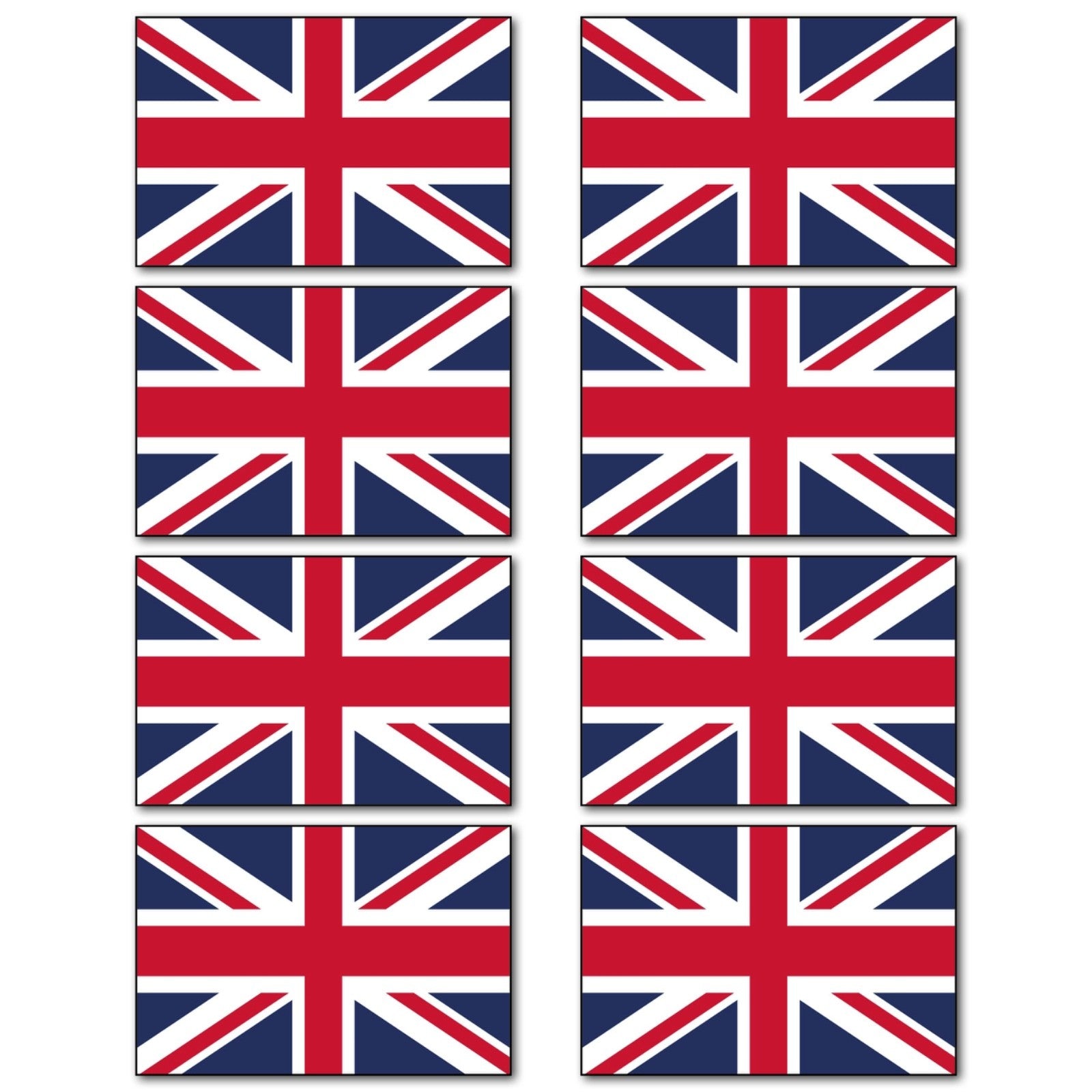 Set of 8 Union Jack UK flag fridge magnets, bank card size, featuring Britain flag designs on magnetic surfaces.