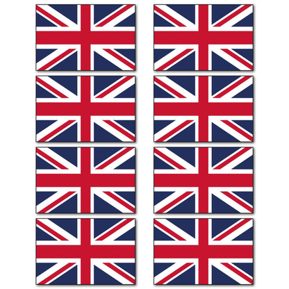 Set of 8 Union Jack UK flag fridge magnets, bank card size, featuring Britain flag designs on magnetic surfaces.