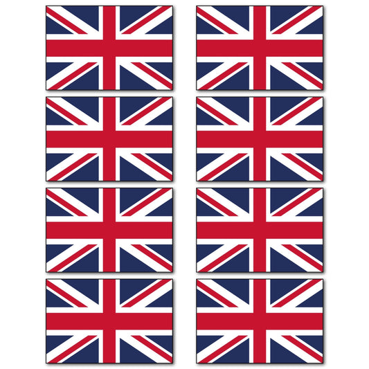 Set of 8 Union Jack UK flag fridge magnets, bank card size, featuring Britain flag designs on magnetic surfaces.