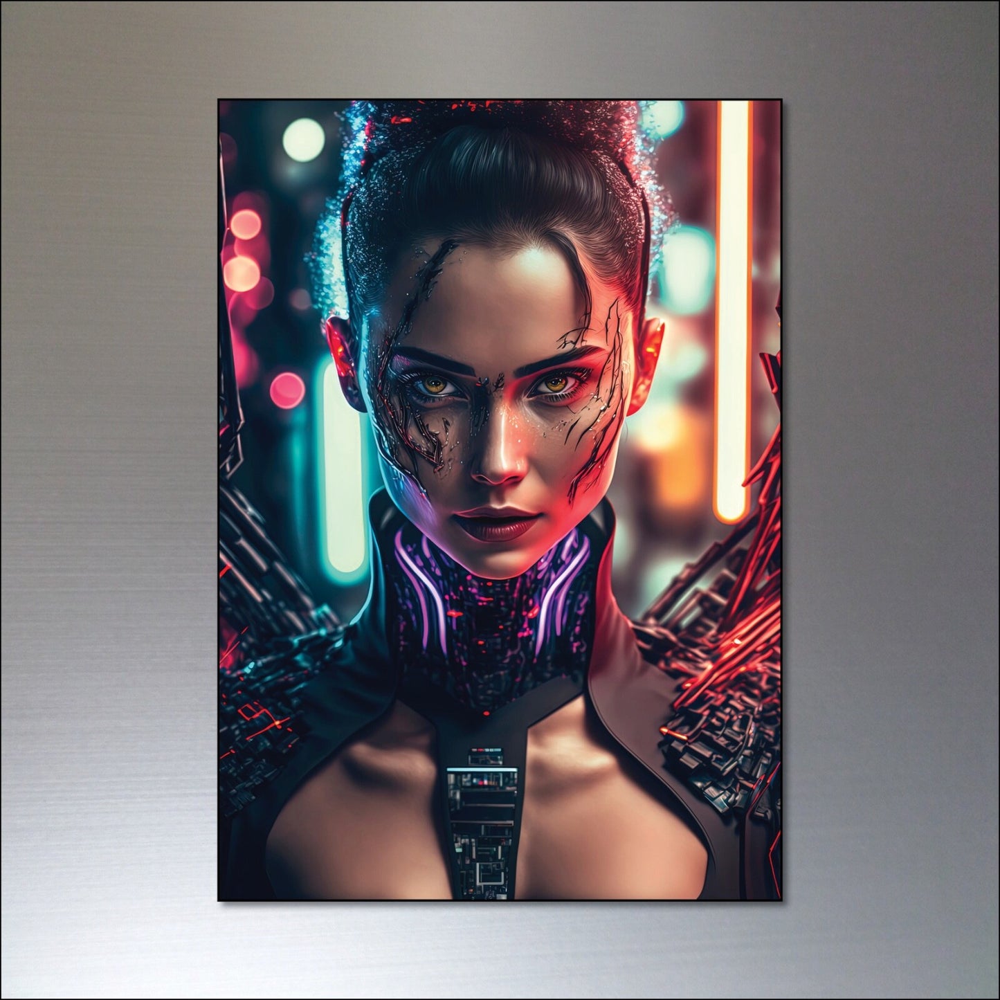 Set of 8 Cyberpunk steampunk women superhero fridge magnets, colorful and detailed metal collectibles for refrigerator decoration.