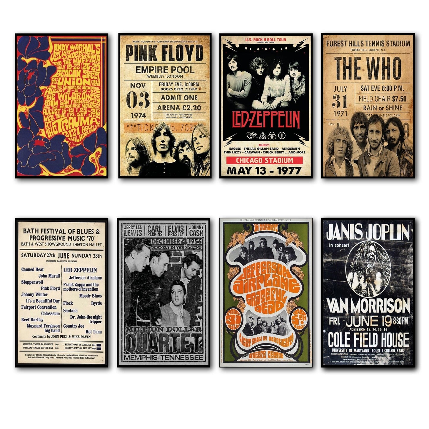 Set of 8 vintage 1960s-70s psychedelic music posters fridge magnets featuring colorful, retro designs, unbranded collectible set.