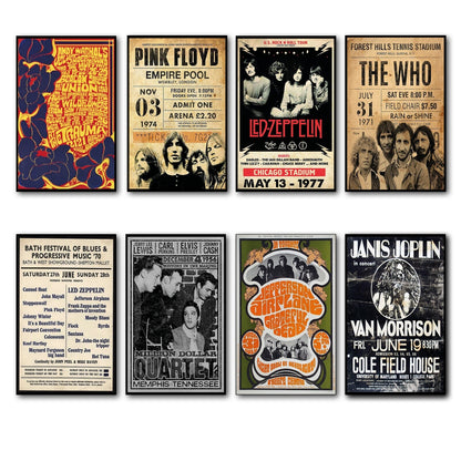 Set of 8 vintage 1960s-70s psychedelic music posters fridge magnets featuring colorful, retro designs, unbranded collectible set.