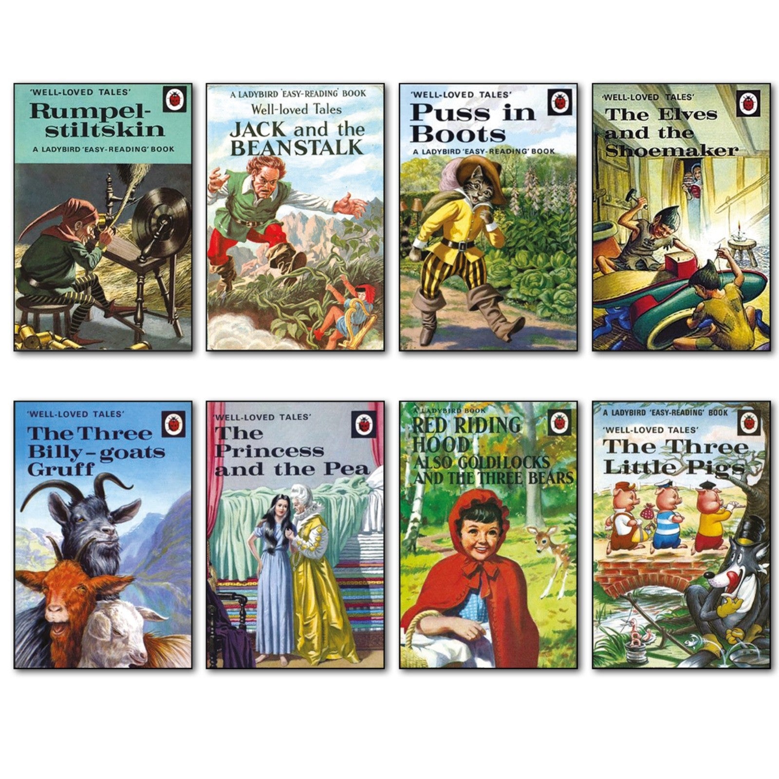 Set of 8 vintage Ladybird book cover fridge magnets featuring colorful illustrations and classic book designs.