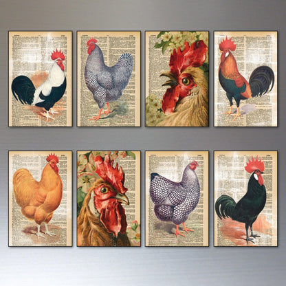 Set of 8 retro Chicken brand fridge magnets featuring decorative chicken keeper art in a thin, colorful design.