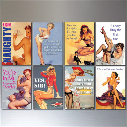 Set of 8 vintage pin-up girl fridge magnets, featuring colorful retro illustrations on metal surfaces.