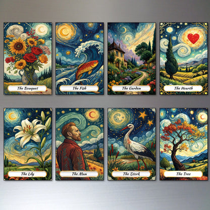 Set of 8 Unbranded van Gogh style Tarot card fridge magnets, featuring colorful, artistic Tarot card designs displayed on a refrigerator.