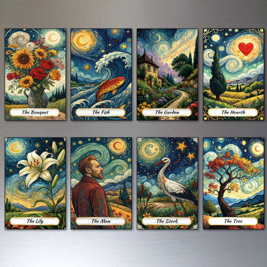 Set of 8 Unbranded van Gogh style Tarot card fridge magnets, featuring colorful, artistic Tarot card designs displayed on a refrigerator.