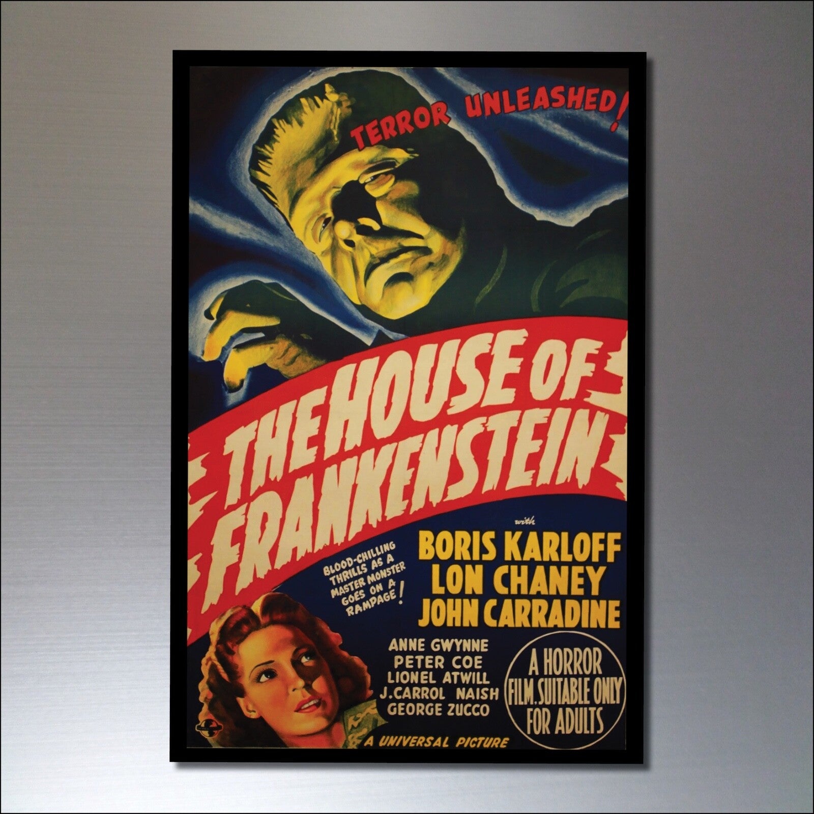Set of 8 vintage horror movie poster fridge magnets featuring classic film artwork and spooky designs.