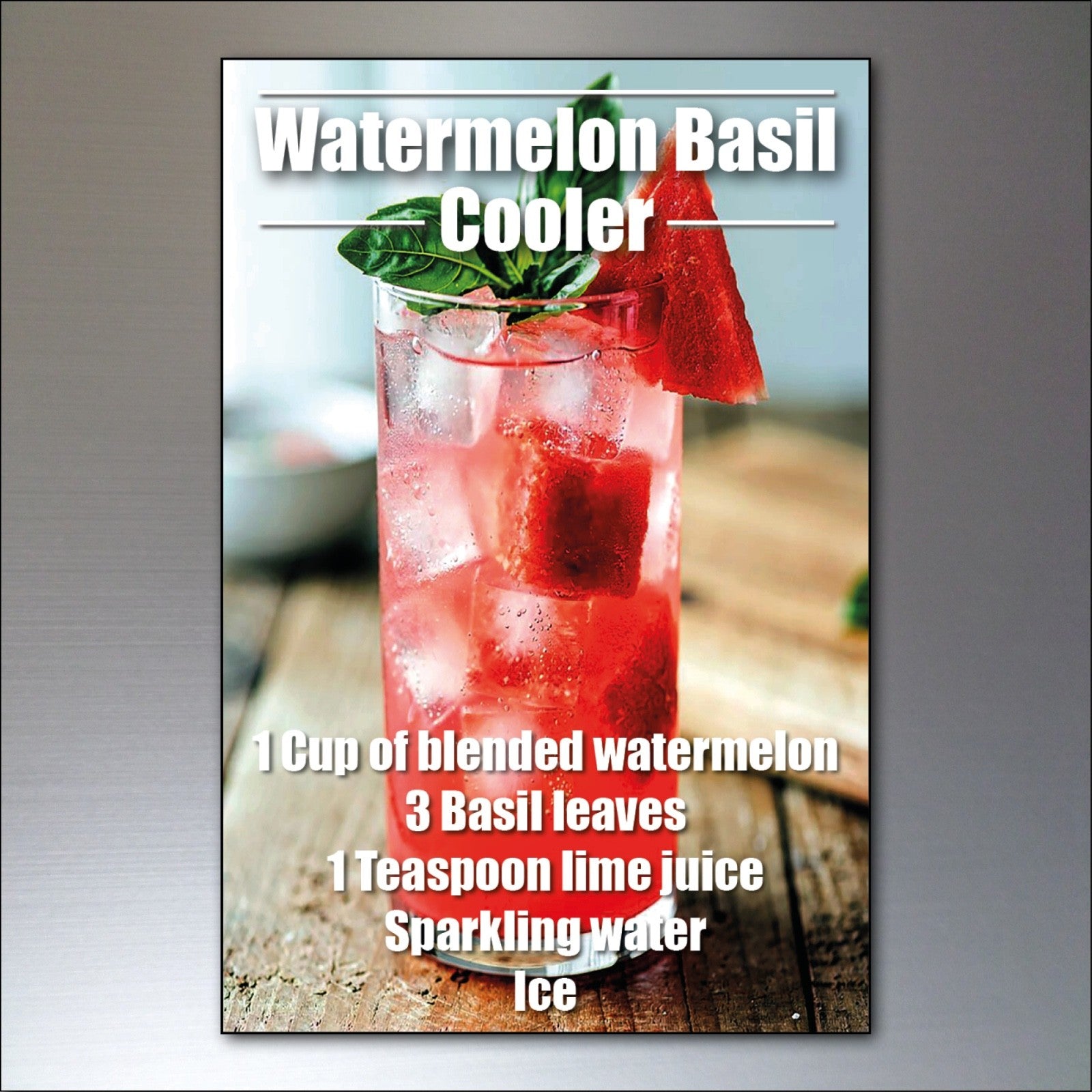 Set of six mocktail fridge magnets featuring non-alcoholic drink recipes, colorful and decorative kitchen accessories.