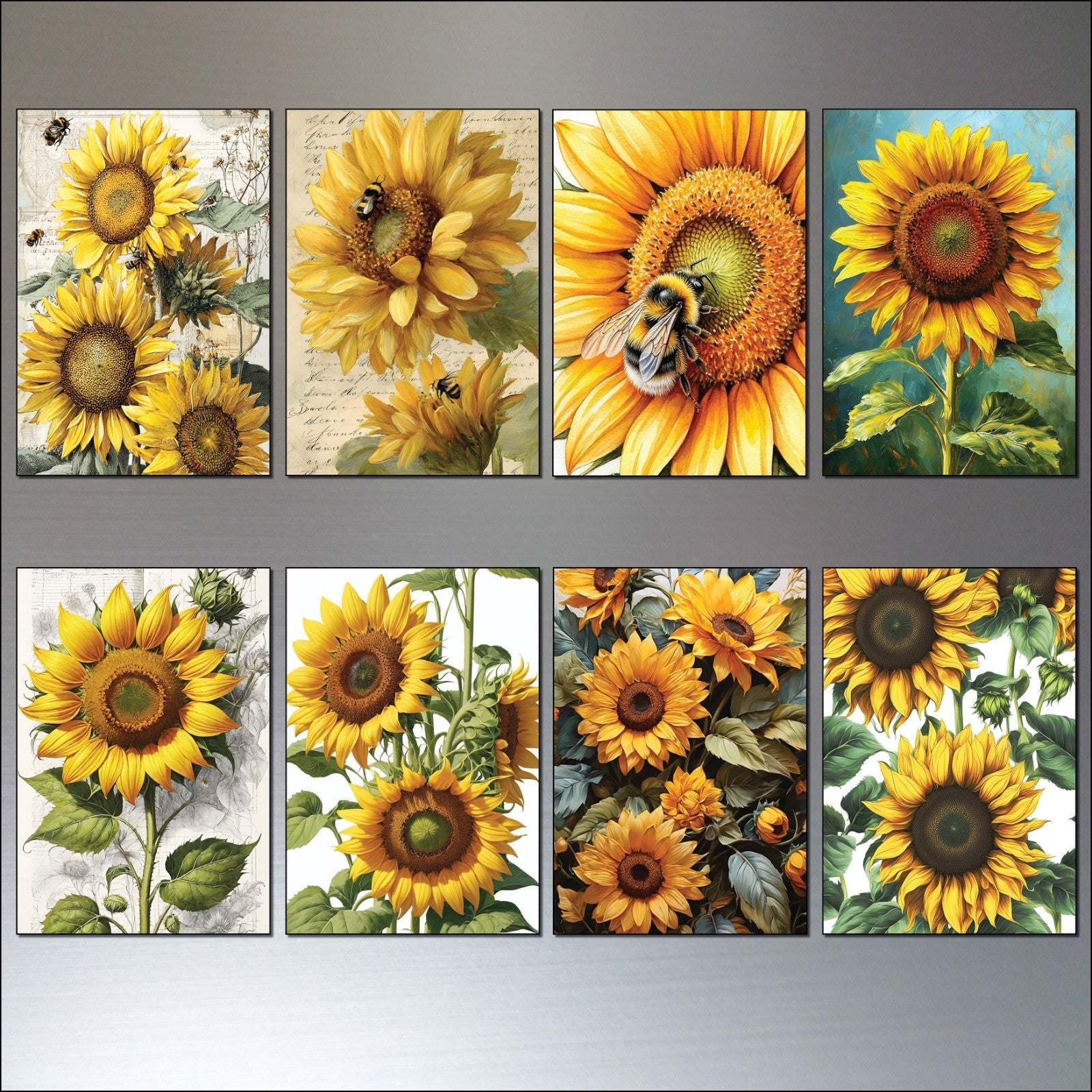 Set of 8 vintage sunflower fridge magnets featuring sunny flower paintings by Summer, perfect for refrigerator decor.