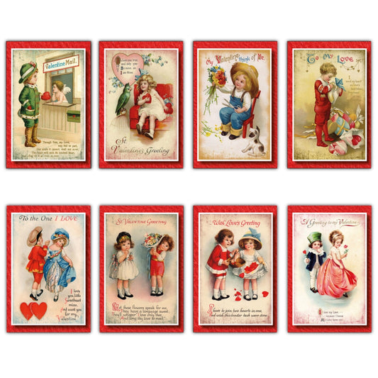 Set of 8 vintage Valentine’s Day fridge magnets featuring classic Valentine cards by Bubbadoodoo, displayed on a refrigerator door